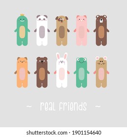set of baby animals real friends, vector collection of colorful animals, bear, dragon, panda, pig, cat, mouse, dog, hare, frog
