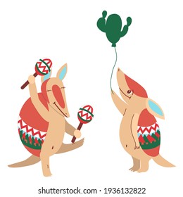 Set with baby armadillo. Cute and funny. Beige and red. Ornament on shell. Dancing with green, white and red maracas.  With green cactus balloon. Cartoon. Nature and ecology. Post cards or poster