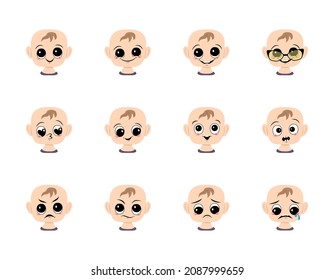 Set of baby avatar with big eyes and wide smile and different emotions. Head of toddler, cute child with joyful, sad or angry face