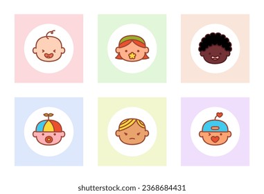 Serie de avatares para bebés en diferentes naciones. Iconos de chico y chica - bebé, niño. Feliz juego de bebés lindos. Conjunto de avatares de niños en círculos. Ilustración vectorial en estilo plano aislado en fondo blanco