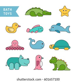 Set of baby bath toys in the bathroom drawn in cartoon flat style