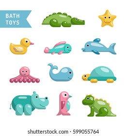 A Set Of Baby Bath Toys Depicting Animals That Come Into Contact With Water Or Live Input, All The Animals Are Isolated And Painted In Flat Cartoon Style