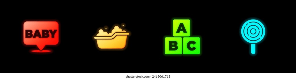 Set Baby, bathtub, ABC blocks and Lollipop icon. Vector