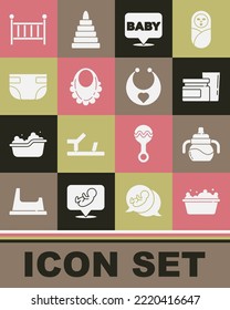 Set Baby Bathtub, Bottle, Food, Bib, Absorbent Diaper, Crib Cradle And  Icon. Vector