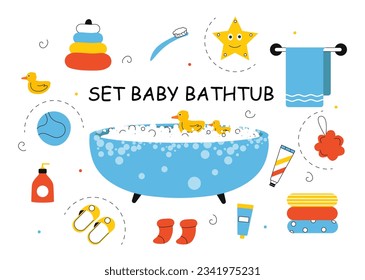 Set of baby bathtub. Toothbrush, star and pyramid.Rubber duck and warm socks. Comfort and coziness. Cleanliness and hygiene. Cartoon flat vector collection isolated on white background