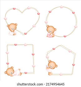 Set of baby bear frame template watercolor illustration