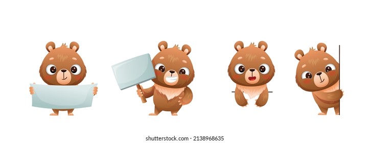 Set of baby bears with blank posters and peeking out from behind the wall. Drawn in cartoon style. Vector illustration for designs, prints and patterns. Isolated on white background