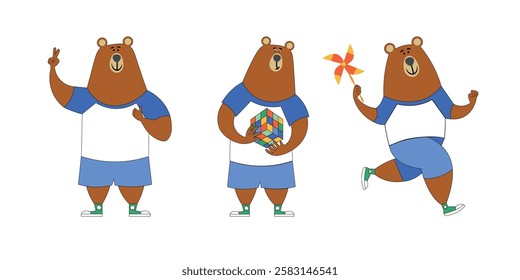 Set of baby bears in different poses, standing, running. Drawn in cartoon style. Colorful vector illustration on white background. Funny and cute bear friendly bear says hello. Little bear plays with