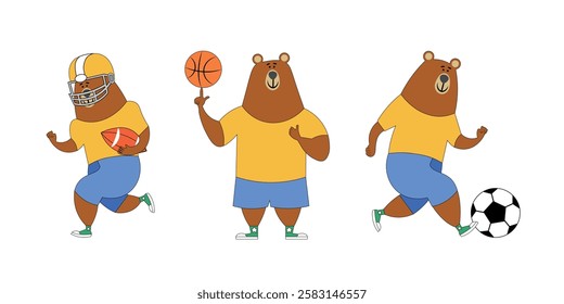 Set of baby bears in different poses, standing, running. Drawn in cartoon style. American football, soccer and basketball. Bear in sports uniform. 