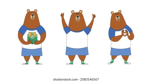 Set of baby bears in different poses, standing, running. Drawn in cartoon style. Colorful vector illustration on white background. Funny and cute bear. 