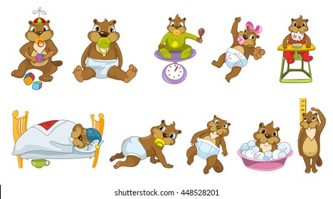 Set of baby beavers playing with toys, sucking a pacifier, sitting on a scale, sleeping, crawling, washing, measuring growth, sitting in baby chair. Vector illustration isolated on white background.