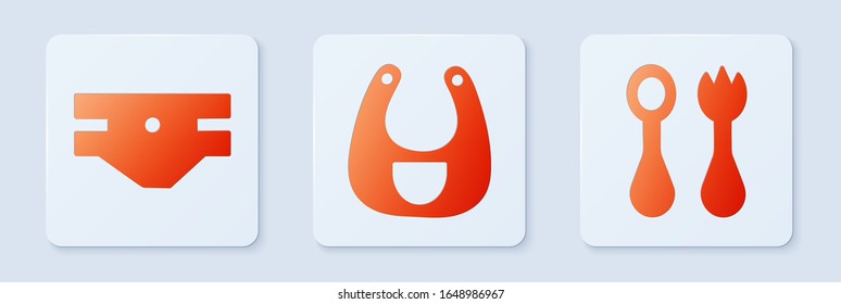 Set Baby bib, Baby absorbent diaper and Baby cutlery with fork and spoon. White square button. Vector