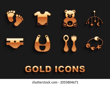 Set Baby bib, crib hanging toys, Rattle baby, cutlery with fork and spoon, absorbent diaper, Teddy bear plush, footprints and onesie icon. Vector