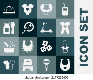 Set Baby bib, dummy pacifier, clothes, Sperm, Yogurt in bottle with spoon, hat and Roller scooter icon. Vector