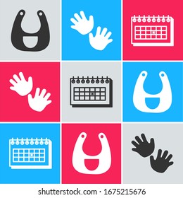Set Baby bib, Baby hands print and Calendar icon. Vector
