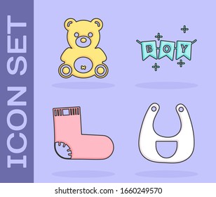 Set Baby bib, Teddy Bär Plüschspielzeug, Baby Socken Kleidung und Karneval Garland mit Flaggen Symbol. Vektorillustration