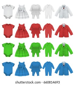 Set of baby bodysuit dress and jacket blank template isolated on white.