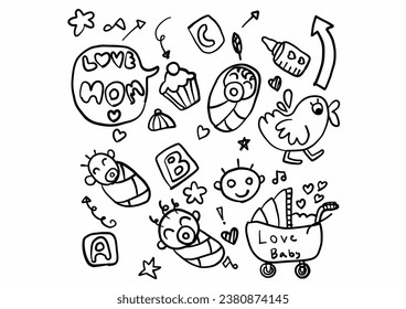 Set of baby born items in doodle line. Cartoon set of objects from a child s life. Black and white.