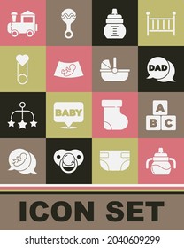 Set Baby bottle, ABC blocks, Speech bubble dad, Ultrasound of baby, clothes pin, Toy train and stroller icon. Vector