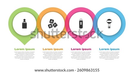 Set Baby bottle, ABC blocks, Pregnancy test and Rattle baby toy. Business infographic template. Vector