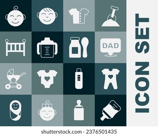 Set Baby bottle, clothes, Speech bubble dad, t-shirt, crib cradle bed, Little boy head and Yogurt in with spoon icon. Vector