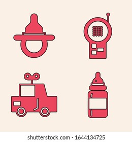 Coloque una botella de bebé, un pacificador de maniquí bebé, un guía de bebé Walkie Talkie y un icono del camión de juguete. Vector