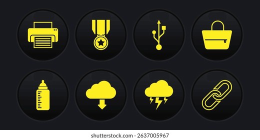 Set Baby bottle, Handbag, Cloud download, Storm, USB and Medal with star icon. Vector