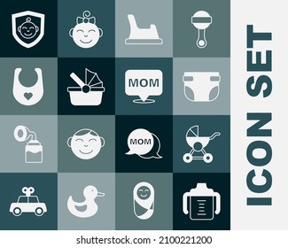 Set Baby bottle, stroller, diaper, potty, bib, on shield and Speech bubble mom icon. Vector