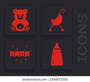 Set Baby bottle, Teddy bear plush toy, Baby stroller and Carnival garland with flags icon. Vector