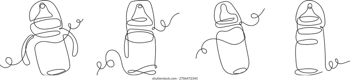 Set von Babyflaschen in einer durchgehenden Linien-Vektorgrafik.