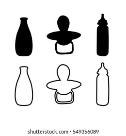 Set of baby bottles with pacifier nipple vector icon. Milk bottle symbol. Kid food sign.