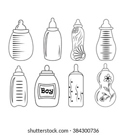 A set of baby bottles in the vector outlines black and white EPS 10