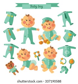 Set with baby boy, baby clothes, rattles and toys.