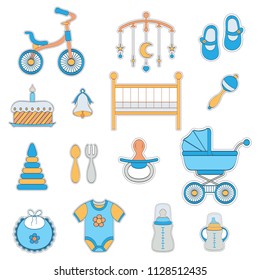 Set of baby boy flat icons on white background.