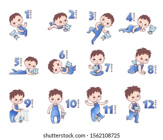 Set of Baby boy . Growth stages from 1 month to 1 year. Little baby with pink bow and toy. Stages of child development in the first year of life. Vector Illustration