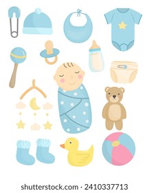 Set of baby boy stuff, baby boy with clothes and toys,set of newborn elements 