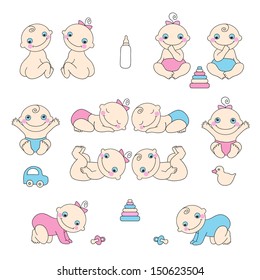 Set of baby boys and baby girls. Vector illustration.