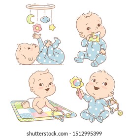 Set Babyjungen, die Spielzeug spielen. Spiele im ersten Jahr. Baby hält Teething Spielzeug. Baby lag auf der Entwicklung Matte Baby Blick auf mobile. Kleinkind in Schlafanzug. Farbige Vektorillustration, Illustration einzeln auf weißem Hintergrund