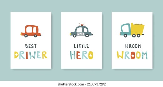 Set of baby car print for poster. Collection of naive cartoon little transport with text. Bundle of wall art with lettering for nursery.