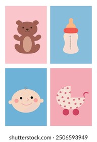 Set of baby card templates. Emblems of baby, motherhood, childbirth, baby face, teddy bear. Flat style