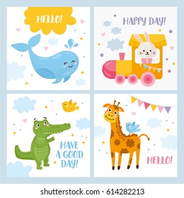 Set of baby cards with animals. Baby Shower. Happy whale, cat in a train, alligator, giraffe. Adorable design for kids. Postcard or greeting card.