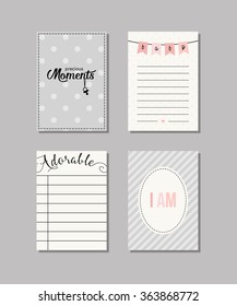 Set of baby cards. Collection of vector templates for  scrapbooking, congratulations, baby shower invitations, birthday cards  and journaling.