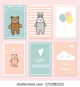 Set of baby cards with cute animals. design elements for children in blue and pink