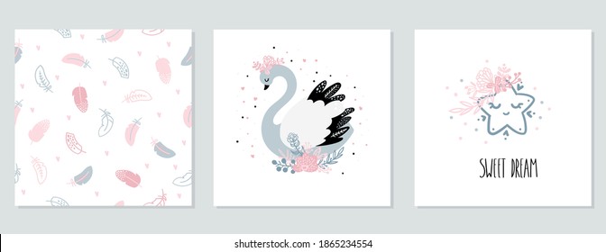 A set of baby cards with a cute Swan, star and a seamless feather pattern. Illustration in Scandinavian style. Posters for the children's room