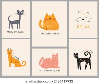 Set of baby cards cute Vibrant Funky Doodle cats with funny quotes for cat lovers. Hand drawn vector illustration. Art drawing. Design for poster, t-shirt, fashion print. Childrens cute greeting card