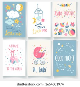 Set of baby cards. Good night, twinkle star, sweet dream, welcome, baby shower. Hand lettering and cute illustrations.