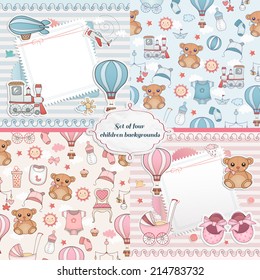 Set of baby cards. Newborn card design and seamless patterns. Can be used for wallpaper, pattern fills, web page background.