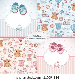 Set of baby cards. Newborn card design and seamless patterns. Can be used for wallpaper, pattern fills, web page background.