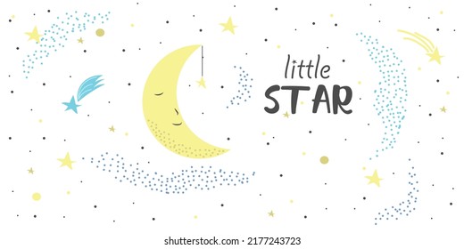 Set Of  Baby Cards In Purple And Yellow. Moon, Stars And Clouds Pattern. Dream Big Little One. Scandinavian Nursery Art For Boys. Gender Neutral Card Design For Baby Shower. Best Friends.