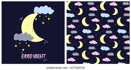 Set Of  Baby Cards In Purple And Yellow. Moon, Stars And Clouds Pattern. Dream Big Little One. Scandinavian Nursery Art For Boys. Gender Neutral Card Design For Baby Shower. Best Friends.